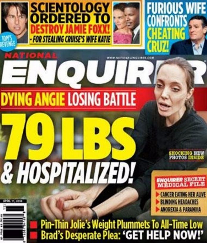 Fuerte tapa de una revista que muestra a Angelina Jolie su extrema delgadez.