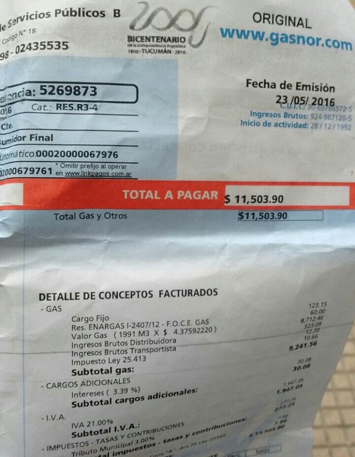 Una mujer recibió una boleta de gas por 11 mil pesos