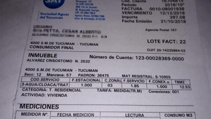 boleta del agua en Tucumán